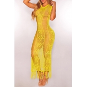 Lovely Tassel Design Hollow-out Yellow Beach Dress
