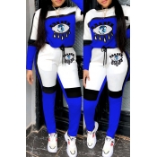 Lovely Casual Eye Patchwork Blue Two-piece Pants S