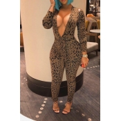Lovely Trendy Deep V Neck Leopard One-piece Jumpsu