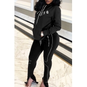 Lovely Casual Letter Zipper Design Black Two-piece