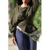 Lovely Casual O Neck Lace-up Army Green Sweatshirt