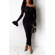 Lovely Sweet Dew Shoulder Black Ankle Length Dress