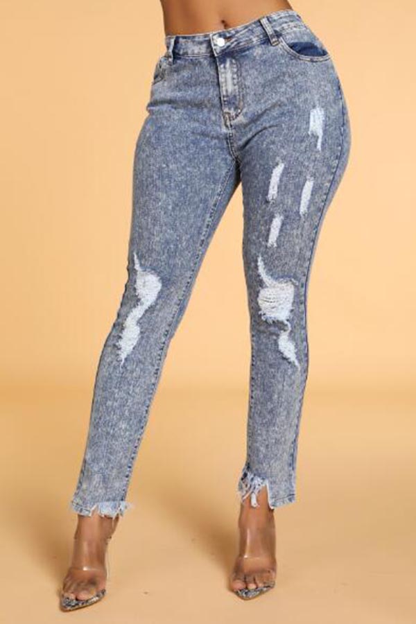 Lovely Leisure Broken Holes Blue Jeans