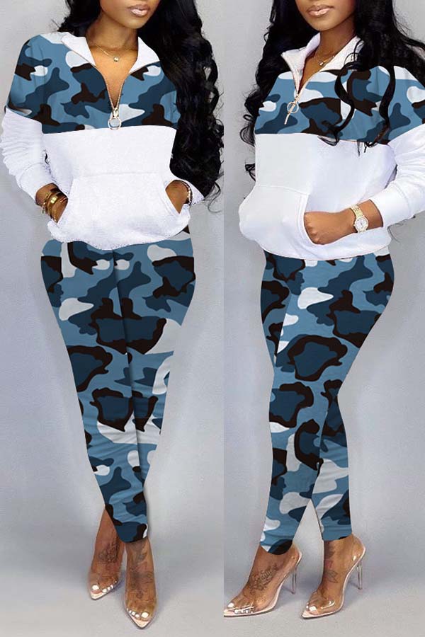Lovely Trendy Camo Patchwork Blue Two-piece Pants Set