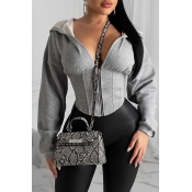 LW Chic Hooded Collar Zipper Design Grey Hoodie