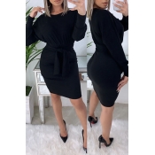 Lovely Trendy Knot Design Black Knee Length Dress