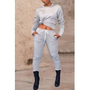 Lovely Casual O Neck Basic Grey Two-piece Pants Se