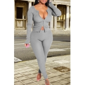 Lovely Casual Zipper Design Grey Two-piece Pants S