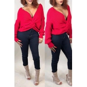 Lovely Casual V Neck Cross-over Design Red Sweater