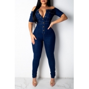 Lovely Casual Buttons Blue One-piece Jumpsuit
