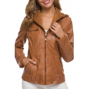 Lovely Casual Zipper Design Brown Coat