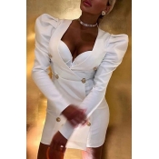 Lovely Work Deep V Neck Buttons White Mini Dress