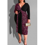 Lovely Casual V Neck Patchwork Rose Red Mid Calf P