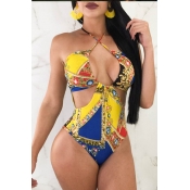 Lovely Hollow-out Print Multicolor One-piece Swims