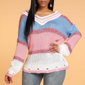 Lovely Casual Color-lump Patchwork Pink Sweater