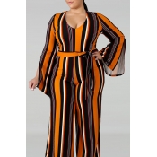 Lovely Casual Striped Yellow Plus Size One-piece J