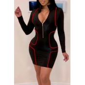 Lovely Casual Zipper Design Black Mini Dress