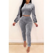 Lovely Casual Hooded Collar Grey Two-piece Pants S