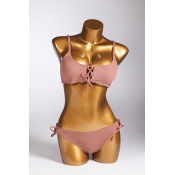 Lovely Lace-up Dark Pink Two-piece Swimsuit