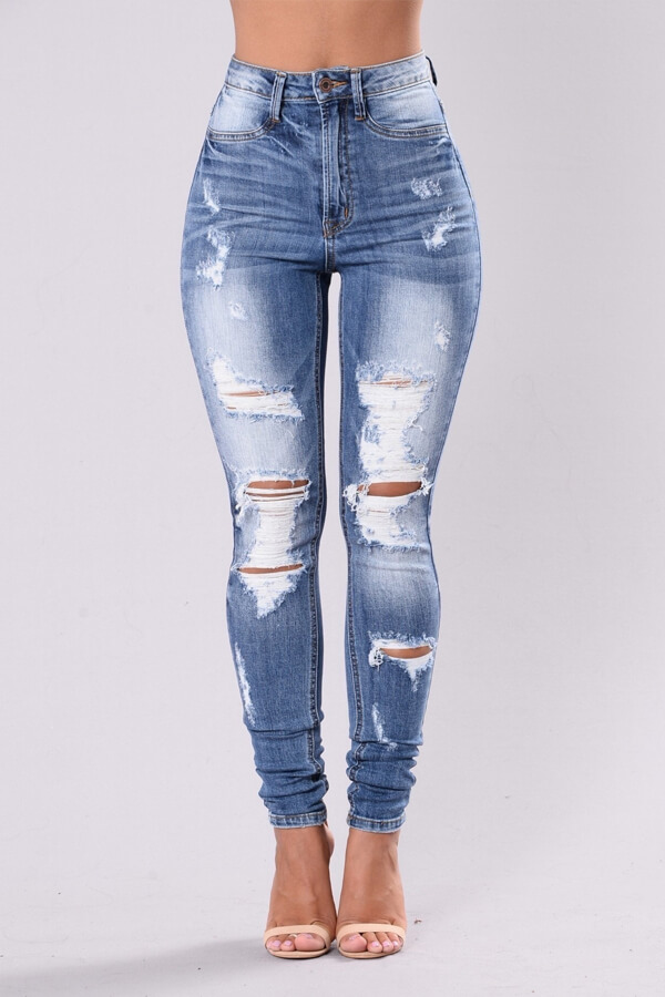 LW Stylish High Waist Broken Holes Jeans