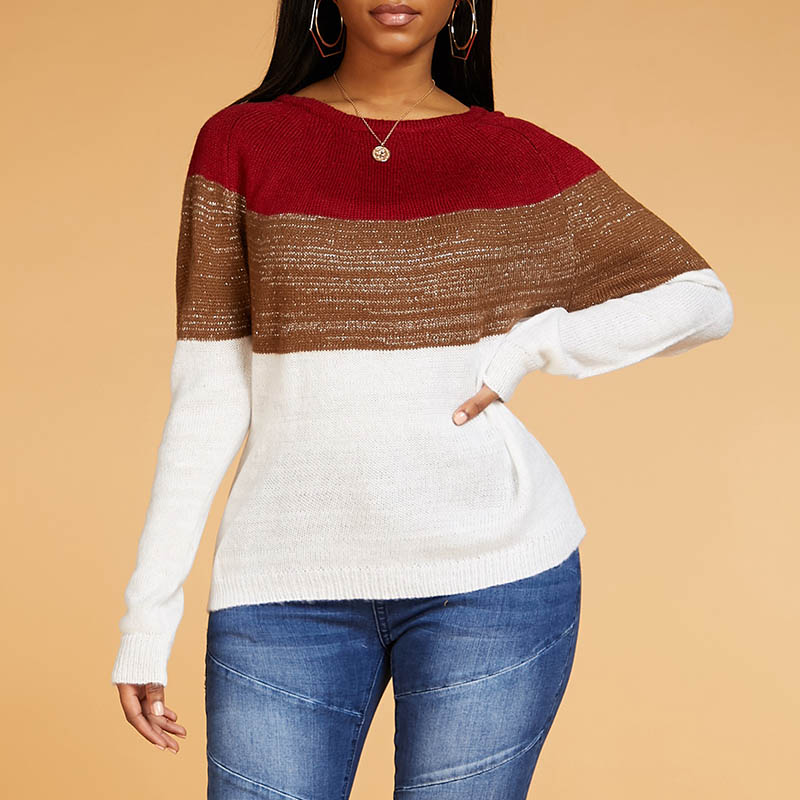Lovely Leisure Color-lump Patchwork Wine Red Sweater