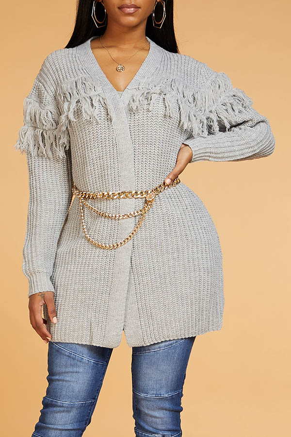 Lovely Chic Tassel Design Grey Cardigan