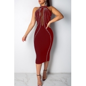 Lovely Sexy O Neck See-through Red  Mid Calf Dress