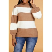 Lovely Casual Striped Patchwork Coffee Sweater