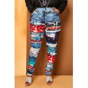Lovely Trendy Printed Blue  Plus Size  Pants