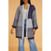 Lovely Casual Patchwork Dark Blue Cardigan