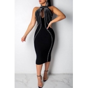 Lovely Sexy O Neck See-through Black Mid Calf Dres