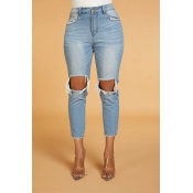 Lovely Casual Hollow- out Baby Blue Jeans