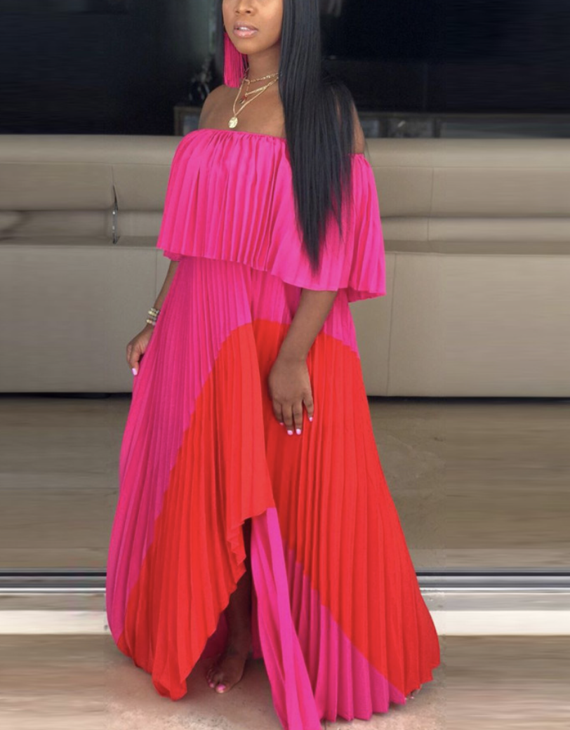 Lovely Bohemian Color-lump Drape Rose Red Floor Length Dress
