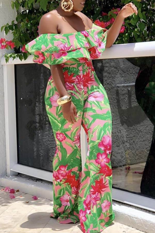 Lovely Trendy Floral Print Flounce Green One-piece Jumpsuit