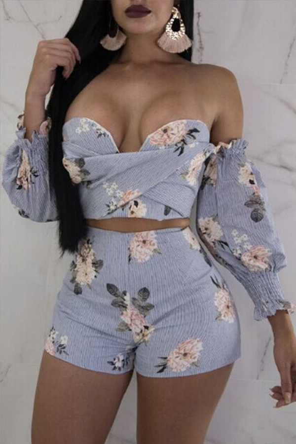Lovely Sweet Dew Shoulder Baby Blue Two-piece Shorts Set