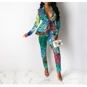 Lovely Sexy Turn-back Collar Print Green Two-piece