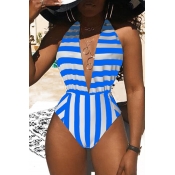 Lovely Deep V Neck Striped Blue One-piece Swimwear