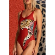 Lovely Leopard Print Red One-piece Swimwear