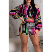 LW Casual Striped Rose Red Shorts Set