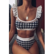 Lovely Sweet Plaid Print Black Two-piece Swimsuit