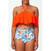 Lovely Flounce Print Orange Red Two-piece Swimsuit