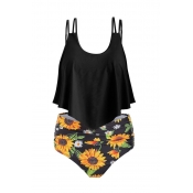 Lovely Print Black Plus Size Two-piece Swimsuit