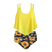 Lovely Print Yellow Plus Size Two-piece Swimsuit