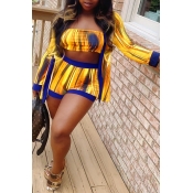 Lovely Casual Print Yellow Two-piece Shorts Set