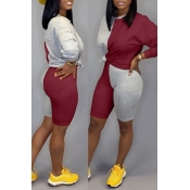 LW Casual Patchwork Wine Red Two-piece Shorts Set