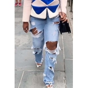 Lovely Casual Hollow-out Baby Blue Jeans