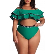 Lovely Plus Size Flounce Design Green Two-piece Sw