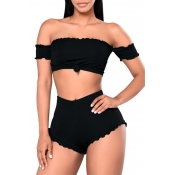 Lovely Flounce Black Two-piece Swimsuit