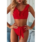 Lovely Flounce Design Red Two-piece Swimsuit