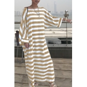 Lovely Chic Striped Loose Khaki Ankle Length Dress